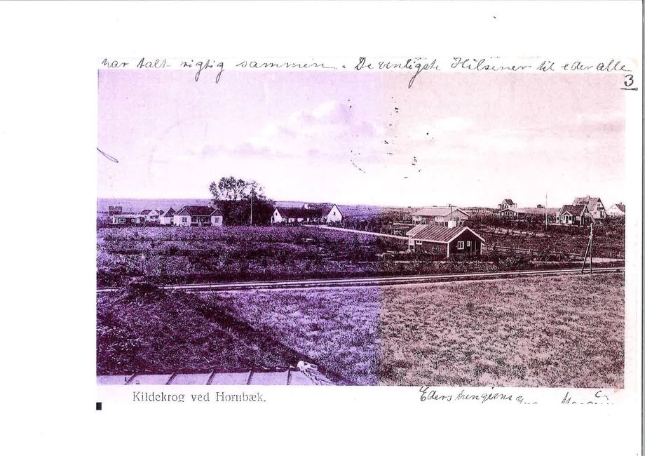 Postkort fra Kildekrog - set fra Strandvejen med Bentsensvej til højre - sandsynligvis omkring 1920. Tak til Hornbæk Historiske Forening.